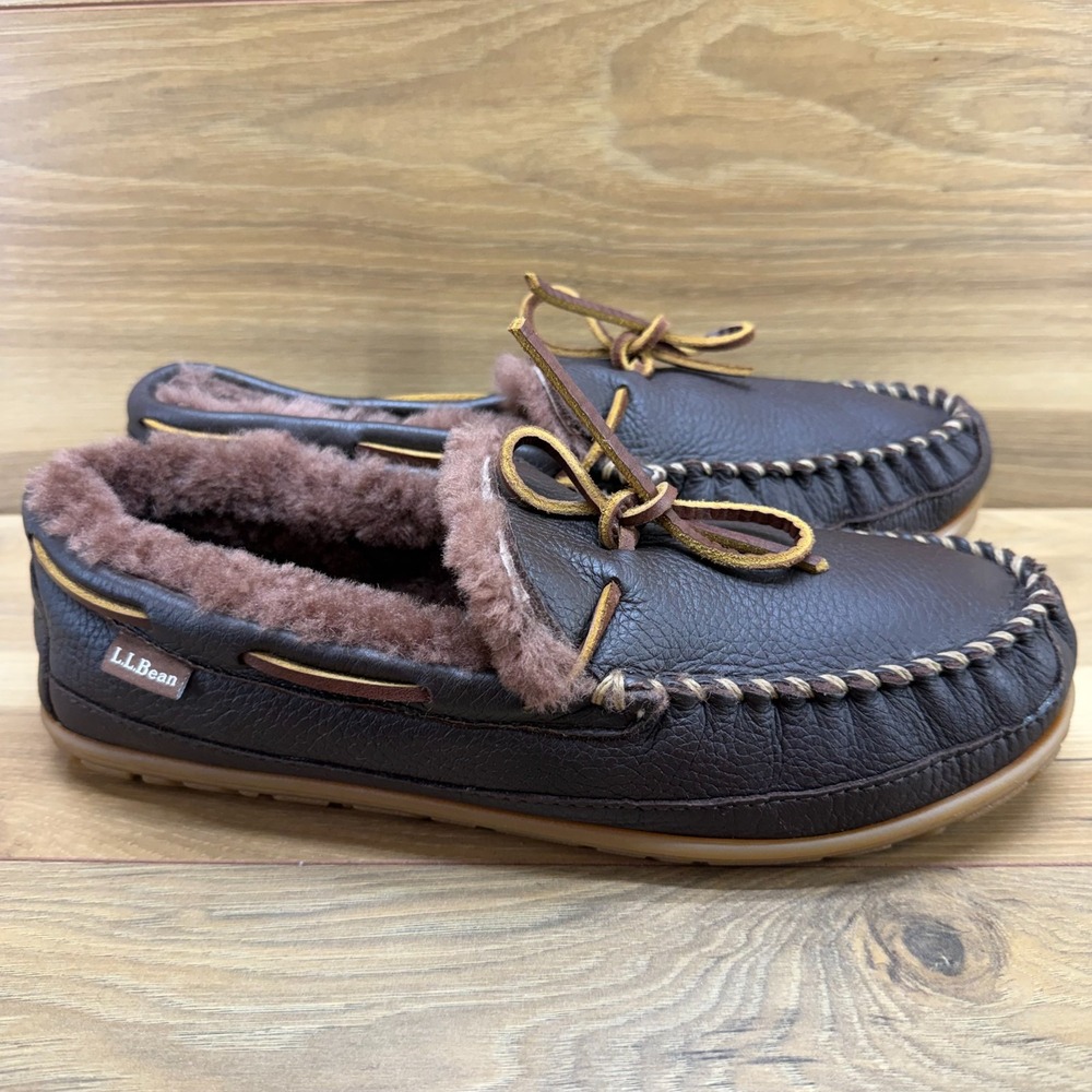 LL BEAN Wicked Good Shearling Fur Slipper Mens 10 ? Brown Pebble Leather Moc Toe